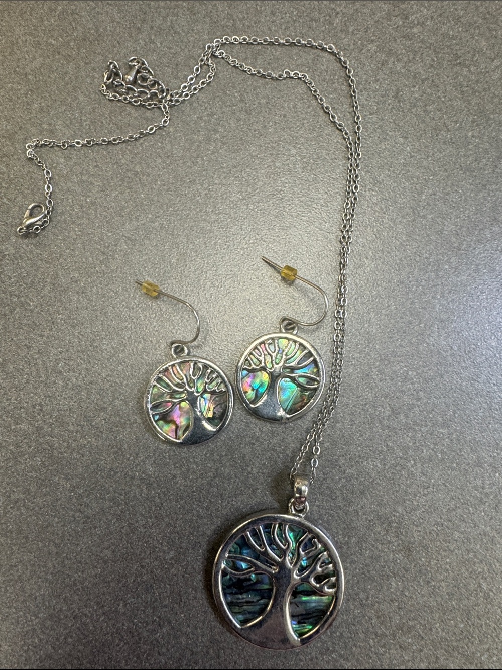 Paua Tree of Life Abalone Pendant Necklace and Earrings Set - Silver Tone
